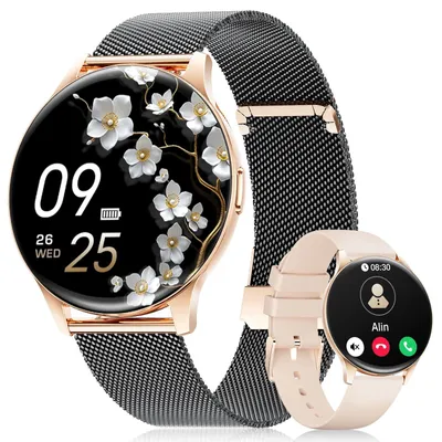 Zdjęcie produktu dla Inteligentny zegarek damski z funkcją telefonu, wodoodporny (IP68), wyświetlacz Amoled dotykowy, ponad 120 trybów sportowych, pomiar tętna, SpO2, monitorowanie snu. Damski, czarny