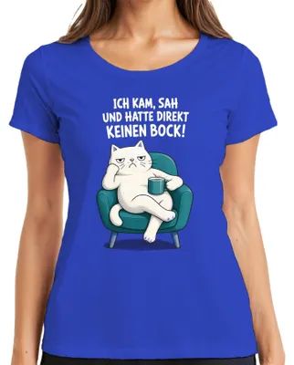 Produktbild von Ich kam sah und hatte direkt keinen Bock Katze Statement Sarkasmus Damen T-Shirt, Blau, L