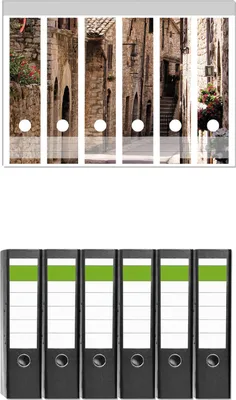 Produktbild von Wallario 6 Stück breite Ordner inkl. Klebeetiketten mit Motive Italienische Gasse -  Set mit Rückenschildern / Ordnerrücken Stickern