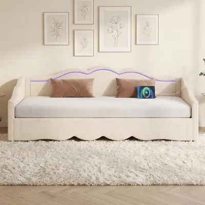 Produktbild von Polsterbett Daybett Tagesbett 90 x 200 cm, ausziehbar auf 180 cm, LED, USB, Typ-C, Samt, Beige