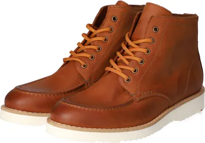 A pair of brown leather boots with orange laces and white soles, shown against a white background.