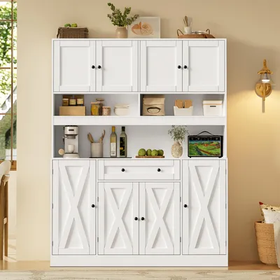 Image de Buffet de cuisine Merax, meuble de cuisine avec plan de travail, armoire haute avec prise électrique, tiroir, étagères réglables, étagères derrière la porte, style rustique, blanc