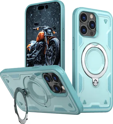 Produktbild von Dual Layer Hülle für iPhone 13 Pro Metall Ring Ständer Magnetisch Stoßfest Militär Handyhülle Türkis