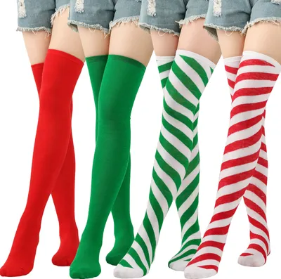 Produktbild von 4 Paar weihnachtliche, gestreifte, oberschenkelhohe Socken für Damen, lange gestreifte Socken für Damen