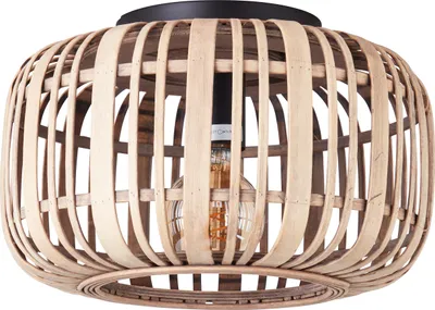 A close-up view of a ceiling lamp with a bamboo shade.