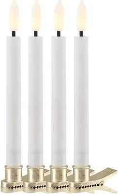 Four white LED candles with gold bases and clips, presented against a white background.