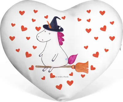 Produktbild von Mr. & Mrs. Panda Kissen in Herzform Einhorn Hexe - Weiß - Geschenk, Sofakissen, Teufel, Herzkissen, Frau, Freundin, Dekokissen, Herz, Leben, Liebe, Engel, Unicorn