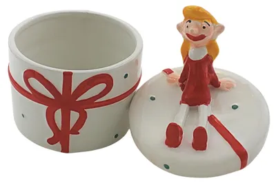 Produktbild von Weihnachtsmann & Co. KG Keksdose, Gebäckdose, Geschenkdose, Plätzchendose, Frischhaltebox, Weihnachtsdose, Vorratsdose mit sitzender Trixi in weiß, Größe L/B/H ca. 10 x 10 x 15 cm.