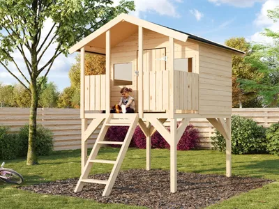 Produktbild von Belladoor Naturbelassen Stelzenhaus Toby, Stelzenhaus aus Fichte, Spielhaus mit Veranda und Fenstern, Stabile Grundkonstruktion, Einfacher Aufbau, Individuell Erweiterbar