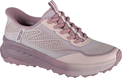 A side view of a pink and purple women's athletic shoe.