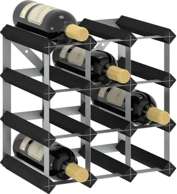 A wine rack holding several bottles of red wine.