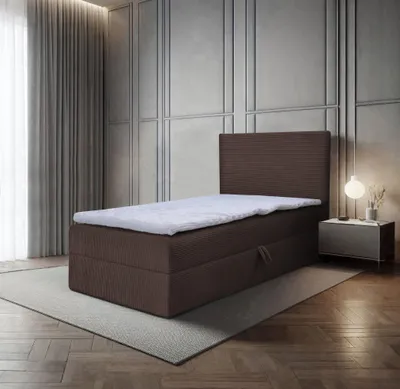 Produktbild von Bett, Boxspringbett, Continentalbett BERG POSO MINI mit Bonell Matratze, Einzelbett mit Container, H3 (90x200 cm, Braun - Poso 06, Topper T25)