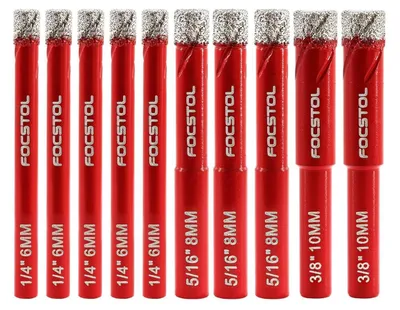 Zdjęcie produktu dla Zestaw 10 wierteł diamentowych do płytek, marmuru i granitu, z okrągłą nasadą, o średnicach: 6/8/10 mm