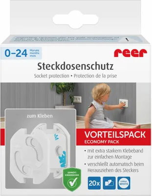 A child is shown interacting with an electrical outlet, with the product packaging in the foreground.