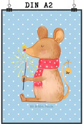 Produktbild von Mr. & Mrs. Panda Bild Maus Weihnachten DIN A2 - Blau Pastell - Geschenk, Frohe, Wanddekoration, wanddeko, drucke, Plakat, Weihnachtsgruß, Wandbild, Weihnachtsmotiv