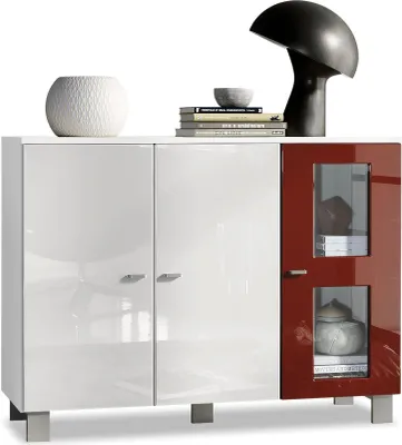Produktbild von Vladon Sideboard Denjo,  Germany, Kommode mit 3 Türen, Weiß matt/Weiß Hochglanz/Bordeaux Hochglanz (107 x 81 x 35 cm)