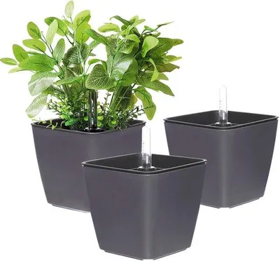 Produktbild von Famanu Selbstbewässernde Blumentöpfe mit Wasserstandsanzeige - Grau, 13 cm, 3 Stück