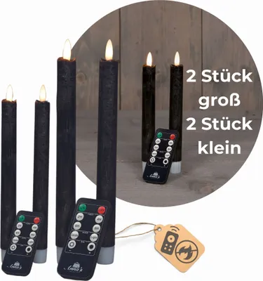 Produktbild von Sparset Stabkerzen LED mit Timer Klein+Groß SCHWARZ 4 Stück indoor - 6 Stunden - ECHTWACHS 18cm+23cm Höhe für Kerzen 2,2cm Durchmesser 2 AAA Batterien notwendig LED Stabkerzen flackernde Flamme