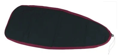 A black ironing board cover with a maroon trim is shown against a white background.