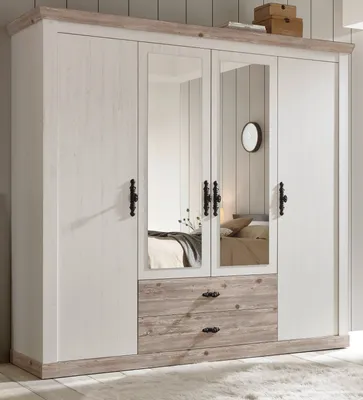 Produktbild von Kleiderschrank "Rovola" Pinie weiß Landhaus Schrank 4-türig mit Spiegel 217 cm