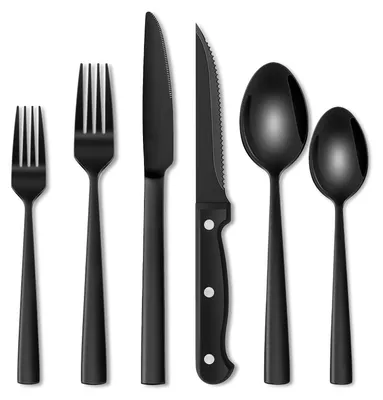 Produktbild von 24 teiliges Edelstahl Besteckset mit Steakmesser Schwarz, Besteck Set 4 Personen, Elegantes Essbesteck Set mit Messer Gabel Löffel, Tafelbesteck für Haus/Party/Restaurant, Spülmaschinenfest