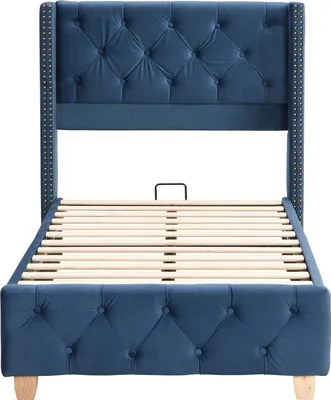 Produktbild von okwish Polsterbett Einzelbett 90×200cm mit Lattenrost und Kopfteil, Knopfpolsterung, Nietenpolsterung, Samt, Blau,Ohne Matratze