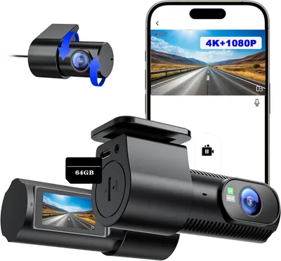 A collage of dashcam products and a smartphone displaying dashcam footage.
