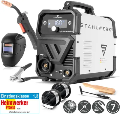Produktbild von STAHLWERK Schweißgerät FLUX 160 ST Digital – Vollausstattung – 3-in-1 Kombi mit 160 A, Fülldrahtschweißen ohne Gas, MMA (E-Hand/ARC), Lift-TIG (DC)