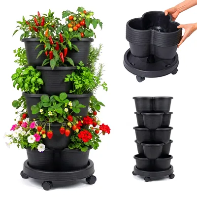 Image de Tour à plantes Relaxdays, jardin vertical, empilable, sur roulettes, H x P : 66 x 33 cm, tour à fraises à 5 étages, PP, noir