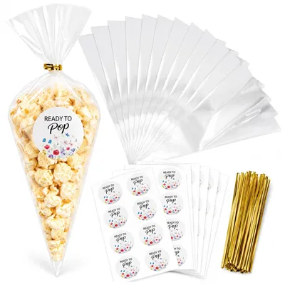 50 Babyparty-Gunstbeutel – Popcorn-Kegeltüten mit Blumenstickern