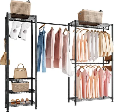 Image de VEVOR Porte-manteau Porte-manteau avec 4 barres de penderie & 363 kg de capacité de charge & 6 étagères & 8 crochets, penderie ouverte pour chambre à coucher magasin de vêtements vestiaire couloir noir