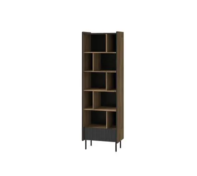 Produktbild von Regal PRESTON II, Bücherregal mit offenen Fächern, Standregal für Wohnzimmer und Büro, Modernes Design mit Lamellenfront, Warmia Nussbaum und Schwarz