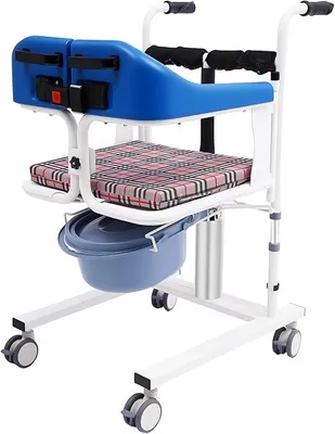 Produktbild von Patientenlift, Toilettenstuhl mit Rollen für Senioren, Dusch Toilettenstuhl, Duschstuhl mit Toiletteneimer & Fußstütze, Nachtstuhl für Erwachsene Blau, Fahrbar, Höhenverstellbar, 200kg Tragfähigkeit