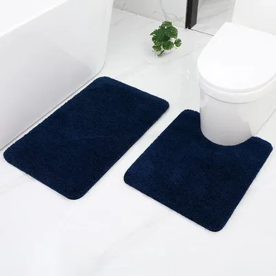 Immagine prodotto di Tappetino da bagno, 2 pezzi, antiscivolo, lavabile, a pelo lungo, 50x60 cm + 50x80 cm, blu navy