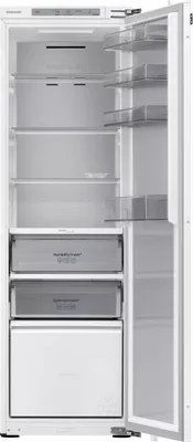 An open white refrigerator with shelves and drawers visible.