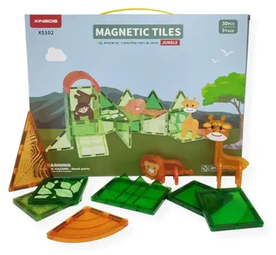 Produktbild von X-Bida Magnetische Bausteine Dschungel – 30 Teile mit 3 Tierfiguren (Giraffe, Löwe, Affe) – Transparente ABS-Magnetbausteine in Grün & Orange, ab 3 Jahren, CE & EN-71