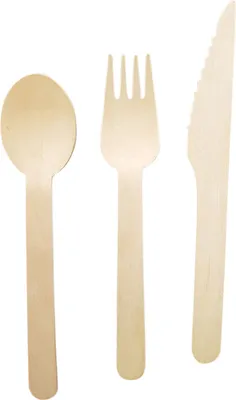 A set of wooden cutlery, including a spoon, fork, and knife, arranged side-by-side on a white background.