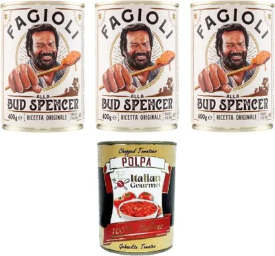 Produktbild von Bud Power- Bud-Spencer-Bohnen fertig zum Probieren 3x 400gr + Italian Gourmet polpa 400g