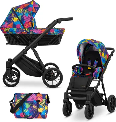 Produktbild von Kinderwagen IVENTO Sportwagen Babywagen Babyschale Komplettset Kinder Wagen Set 2 in 1 (Colors Impresion, Rahmenfarbe: Schwarz)