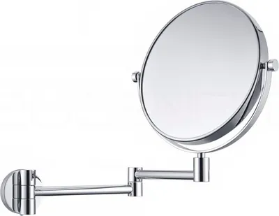 A chrome-plated wall-mounted makeup mirror with an extendable arm.