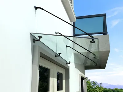 Produktbild von BuyLando (3STR) 230x90 cm Klarglas Glasvordach inkl. Edelstahlhalter in Schwarz