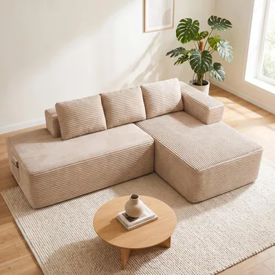 Produktbild von COMHOMA Ecksofa mit Schlaffunktion, 228cm Corduroy Modulares Boneless Couch mit Chaiselongue & Rücken-Metallgestell, L-Form Schlafsofa mit offenem