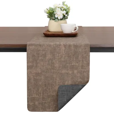 Immagine prodotto di Runner da tavolo in ecopelle, doppio lato, grigio e marrone, 30 x 183 cm