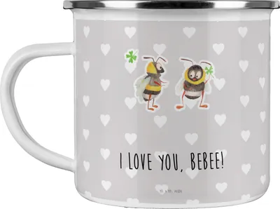 Produktbild von Mr. & Mrs. Panda Emaille Tasse Bienen Paar - Grau Pastell - Geschenk, für Freundin, Valentinstag, Frauen, Blechtasse, Teetasse, Jahrestag, Schildkröten, Hochzeitstag