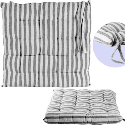 A striped seat cushion is shown from multiple angles.