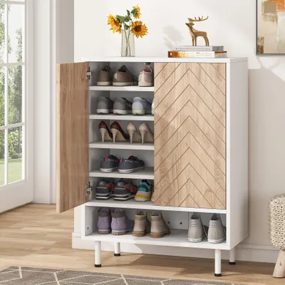 Produktbild von Szafka na buty LITTLE TREE, szafka organizacyjna na 18 par butów z drzwiczkami, 6-poziomowe nowoczesne półki do przechowywania w przedpokoju, szafka do przedpokoju, biało-brązowa