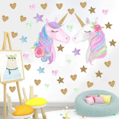 Produktbild von 2 Blätter Einhorn Wandtattoo Aufkleber PVC Wasserdicht Einhorn Wandsticker Großes Einhorn Sterne Herzen Gouache-Fleck für Mädchen Baby Schlafzimmer Kindergarten Geburtstag Party Deko