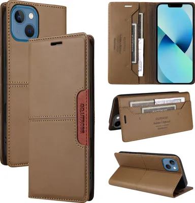 Immagine prodotto di Custodia per iPhone 15, custodia flip wallet in pelle con slot per carte e supporto Marrone
