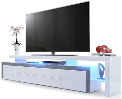 Produktbild von Vladon TV Board Lowboard Leon V3,  Germany, Korpus und Überbau in Weiß Hochglanz / Front in Weiß Hochglanz mit Rahmen in Grau Hochglanz inkl. LED Beleuchtung (227 x 52 x 35 cm)