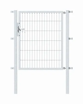 A silver metal gate with a wire mesh infill and a handle, shown against a white background.